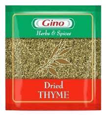 Gino Dried Thyme 5pcs packaging with herbs, enhancing culinary dishes.
