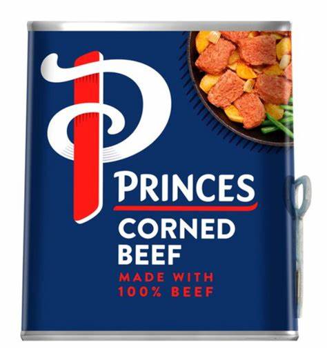 Princes Corned Beef 340g can, high-quality 100% beef.