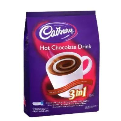 Cadbury Hot Choco 3in1 450g pack with rich cocoa and milk powder for a velvety hot chocolate drink.