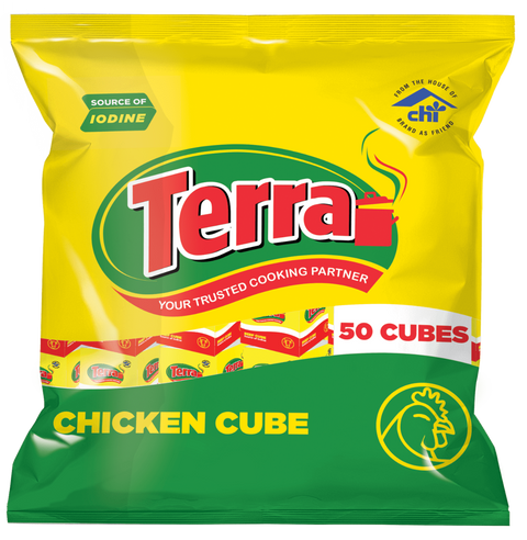 Terra Chicken Supersaver packaging with 50 chicken cubes, premium quality and flavor.