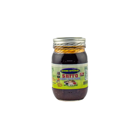 Jar of Divine Shito 8oz spicy Ghanaian pepper sauce with shrimp powder and traditional ingredients