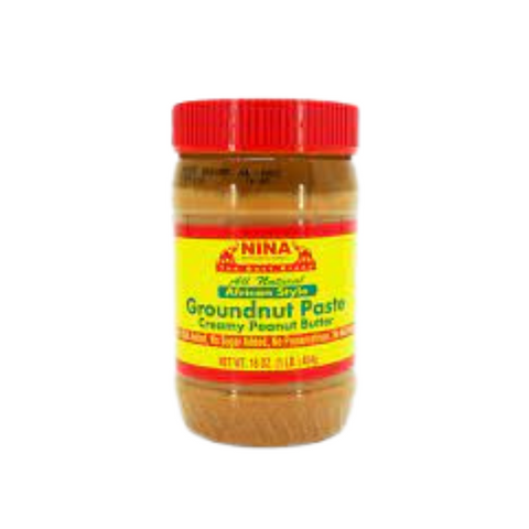 Nina Groundnut Paste 16oz jar, creamy peanut butter, gluten-free, vegetarian-friendly.